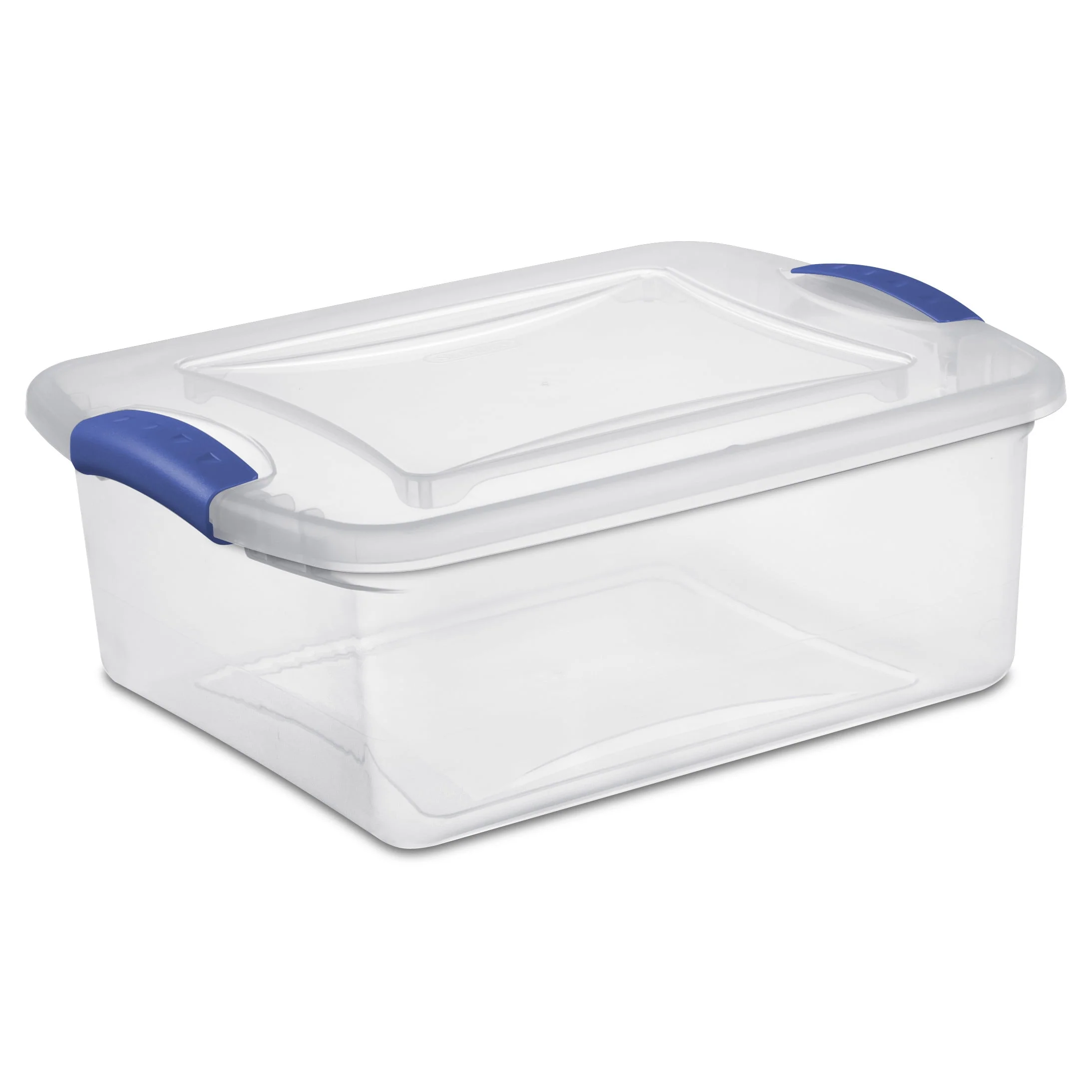15 Quart Small Latching Storage Bin. Clear Plastic Storage Container with Latch Lid. Blue