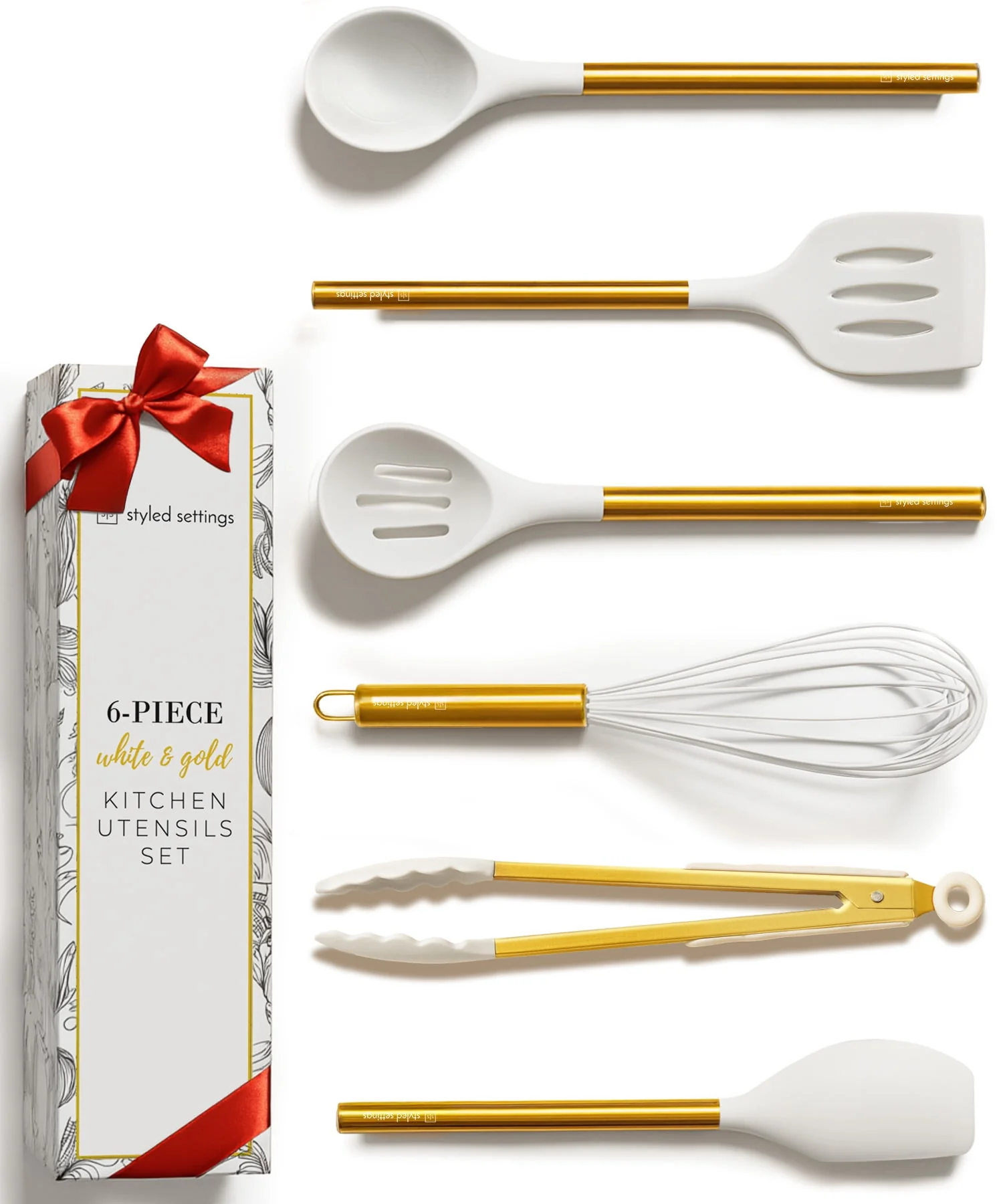 White Silicone and Gold Cooking Utensils Set