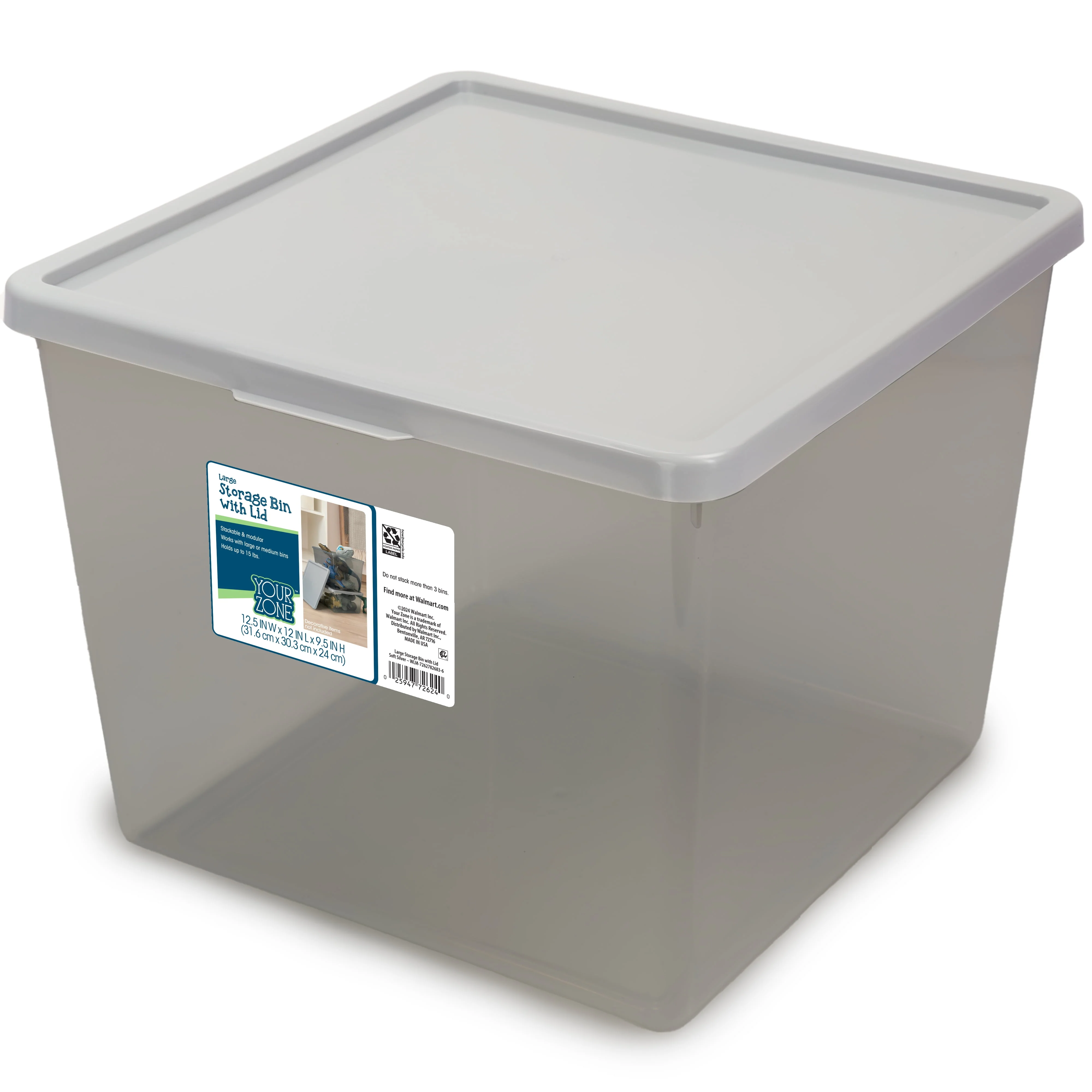 Kids Large Tinted Clear Plastic Stacking Storage Bin with Lid. Grey. 12 in x 12.4 in x 9.4 in