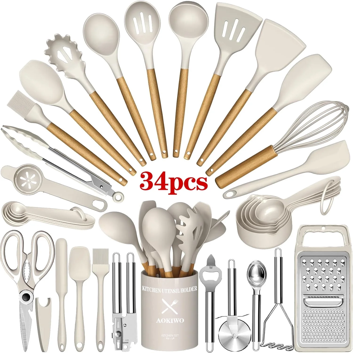 Kitchen Utensil Set. 34Pieces Silicone Cooking Utensil Set with Wooden Handle. Spatula Set Gadgets Tools Cookware. Khaki