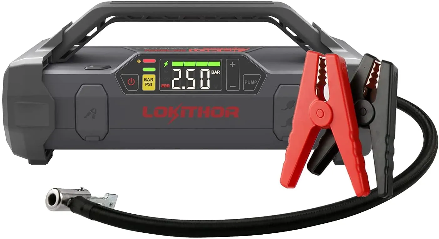 Jump Starter 2000Amp 20000mAh 12V Car Battery Booster Pack for Upto 8L Gas or 6L Diesel. 150 PSI Air Compressor with Damping Technology.Portable Power Bank with Handle Bar and Emergency Light