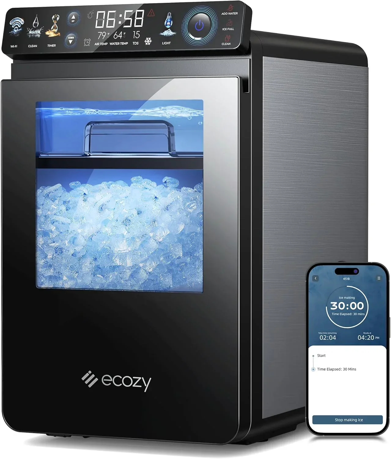 Nugget Ice Maker Countertop. Smart Pebble Ice Machine with APP Control. 44 lbs/24H Soft Pellet Chewable Ice with Self-Cleaning. Stainless Steel