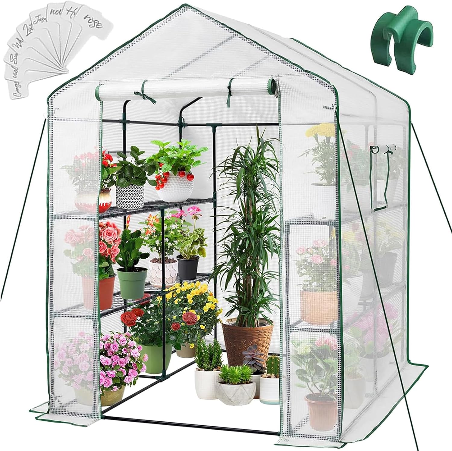 Greenhouse. 57 x 85 x 76'' Greenhouses for Outdoors. Portable Greenhouse Kit with Mesh Side Windows. PE Cover. 8 Shelves. Heavy Duty Walk in Green House for Backyard Garden Indoor Outside
