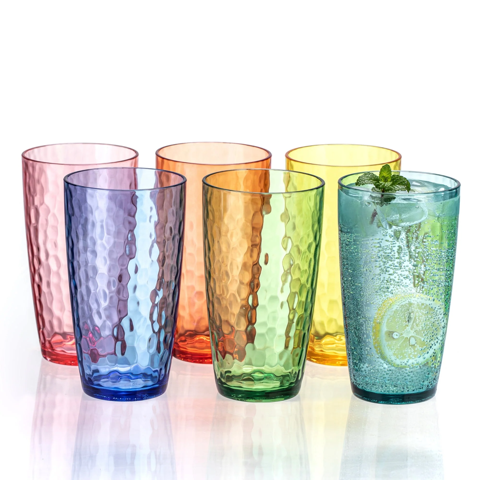 20oz Colorful Acrylic Glasses Drinkware (Set of 6). Hammered Shatter-Proof Plastic Tumblers