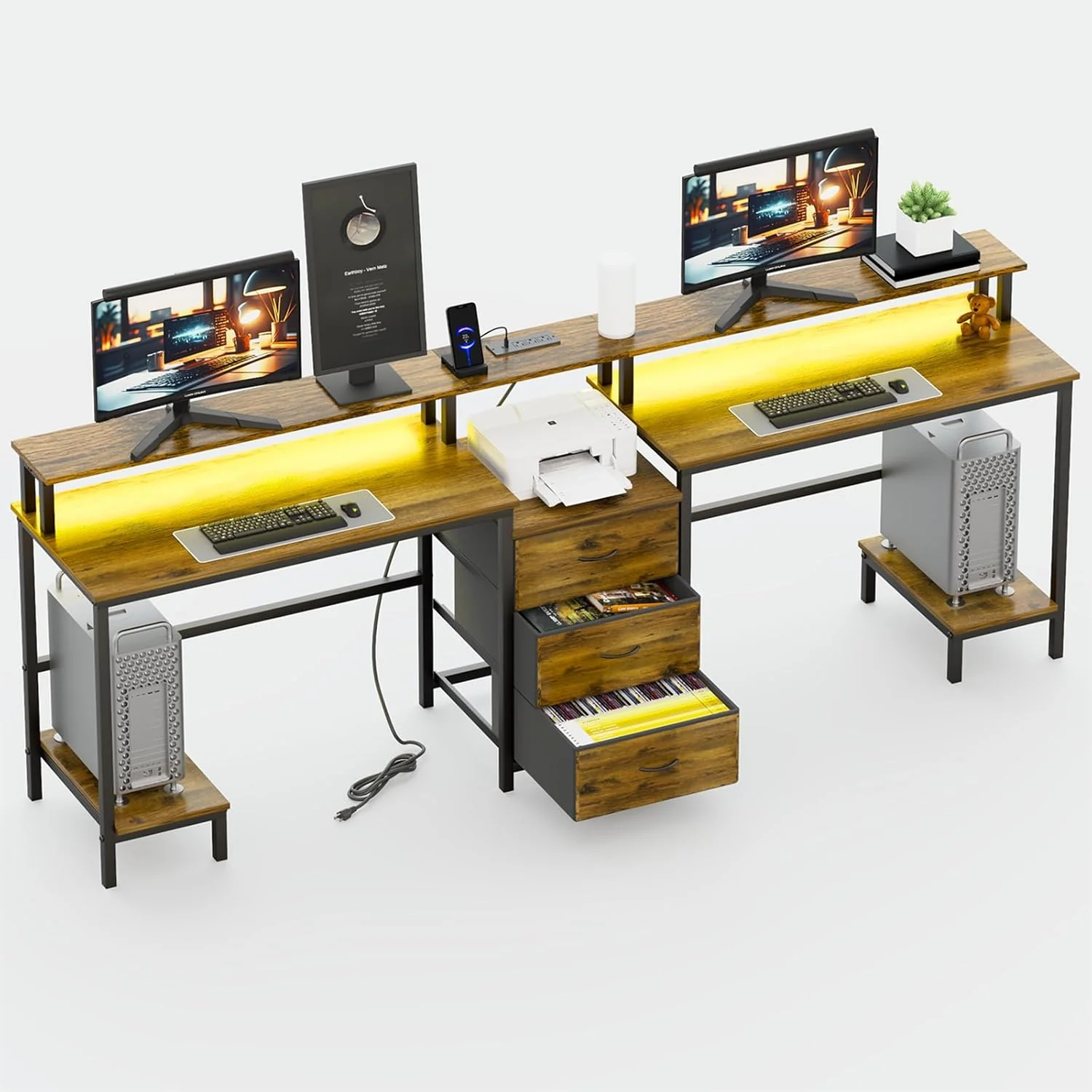 2 Person Desk with LED Lights & Charging Station ?C Long Desk for 2 with Storage Drawers. Monitor Riser. USB Ports & Outlets ?C Modern Study Table or Workstation for Home Office