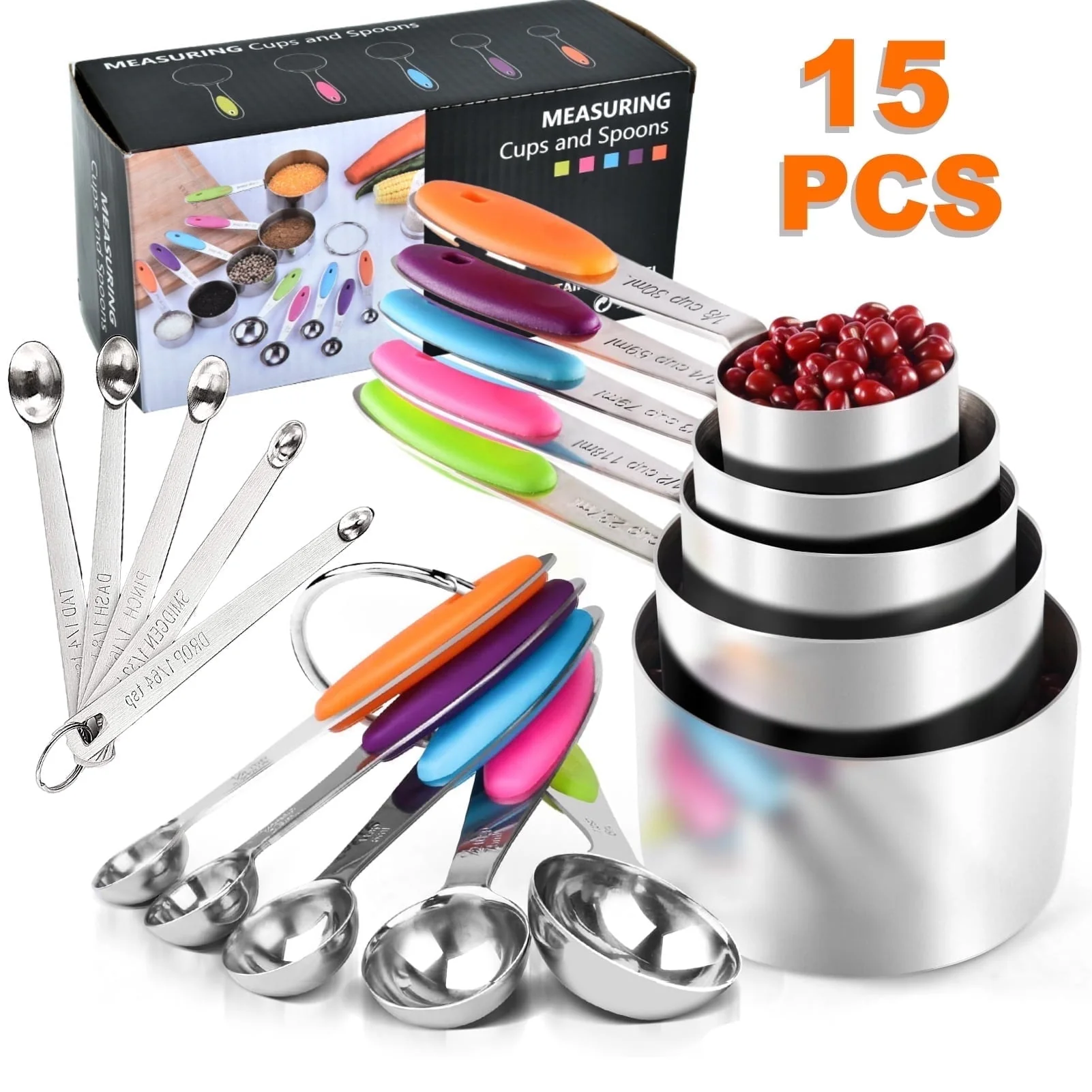 Measuring Cups and Spoons Set of 15. Kitchen Measuring Tool with Colored Silicone Handle. Including 5 Nesting Measuring Cups. 5 Spoons. 5 Mini Spoons Stainless Steel for Cooking Baking