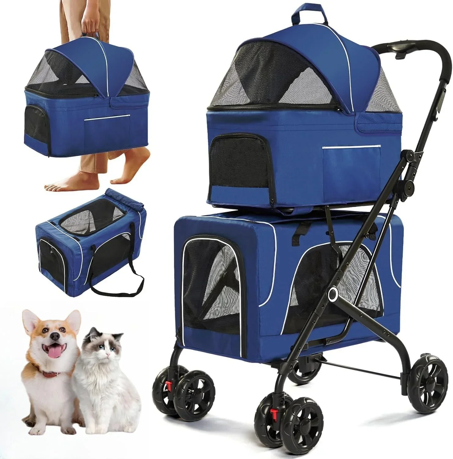 Double Dog Stroller for 2 Dogs. Detachable Carriers. Safety Belt. Lockable Wheels. Pet Travel Carrier Strolling Cart. Folding Cat Stroller for Small Medium Pets Dogs (Blue)