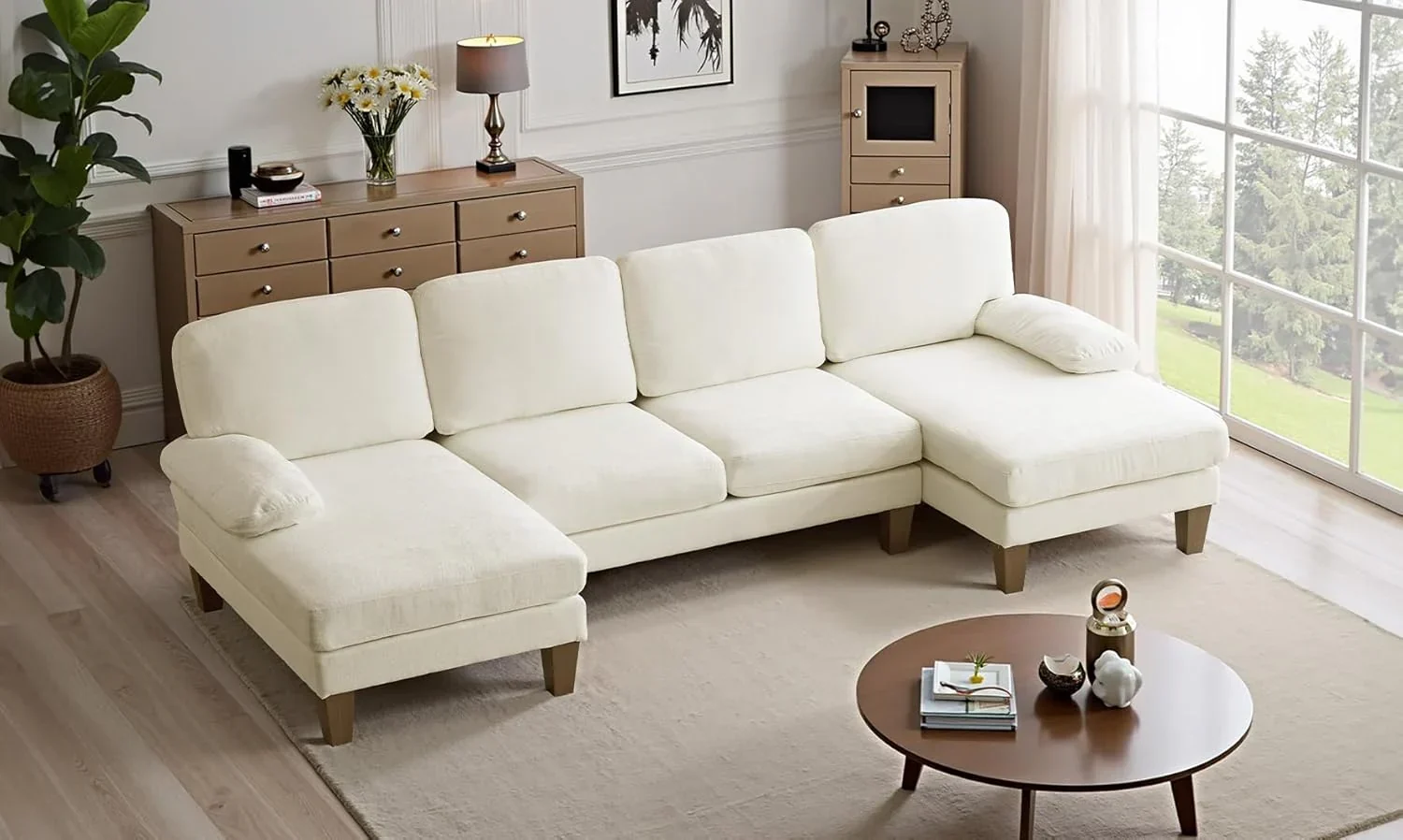 110 Sectional Couches for Living Room.U Shaped Couch with Double Chaise. 4-Seat Sofa Set with Chenille Fabric for Home Furniture.Beige