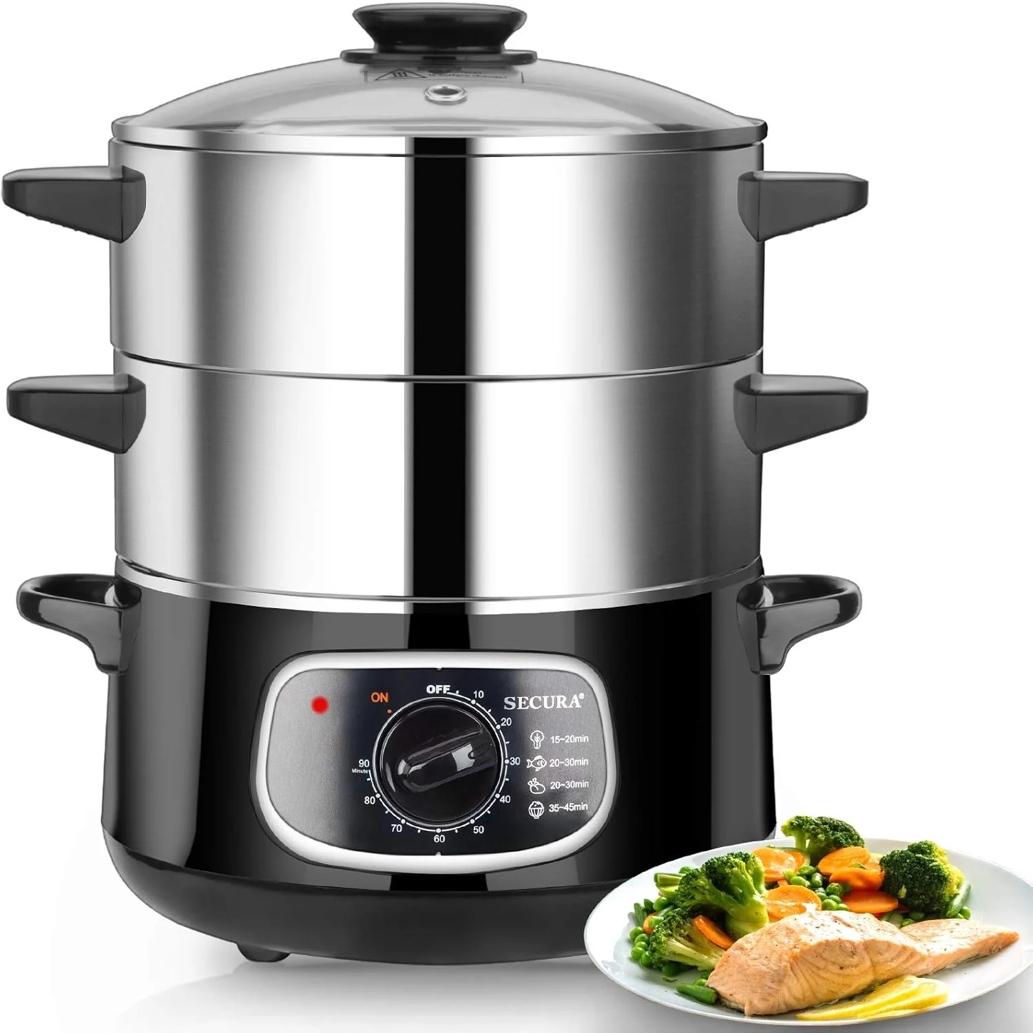 2 stainless steel food steamers. 8.5 liters capacity. electric glass-covered vegetable steamer. double-layer stackable steaming basket. with timer included