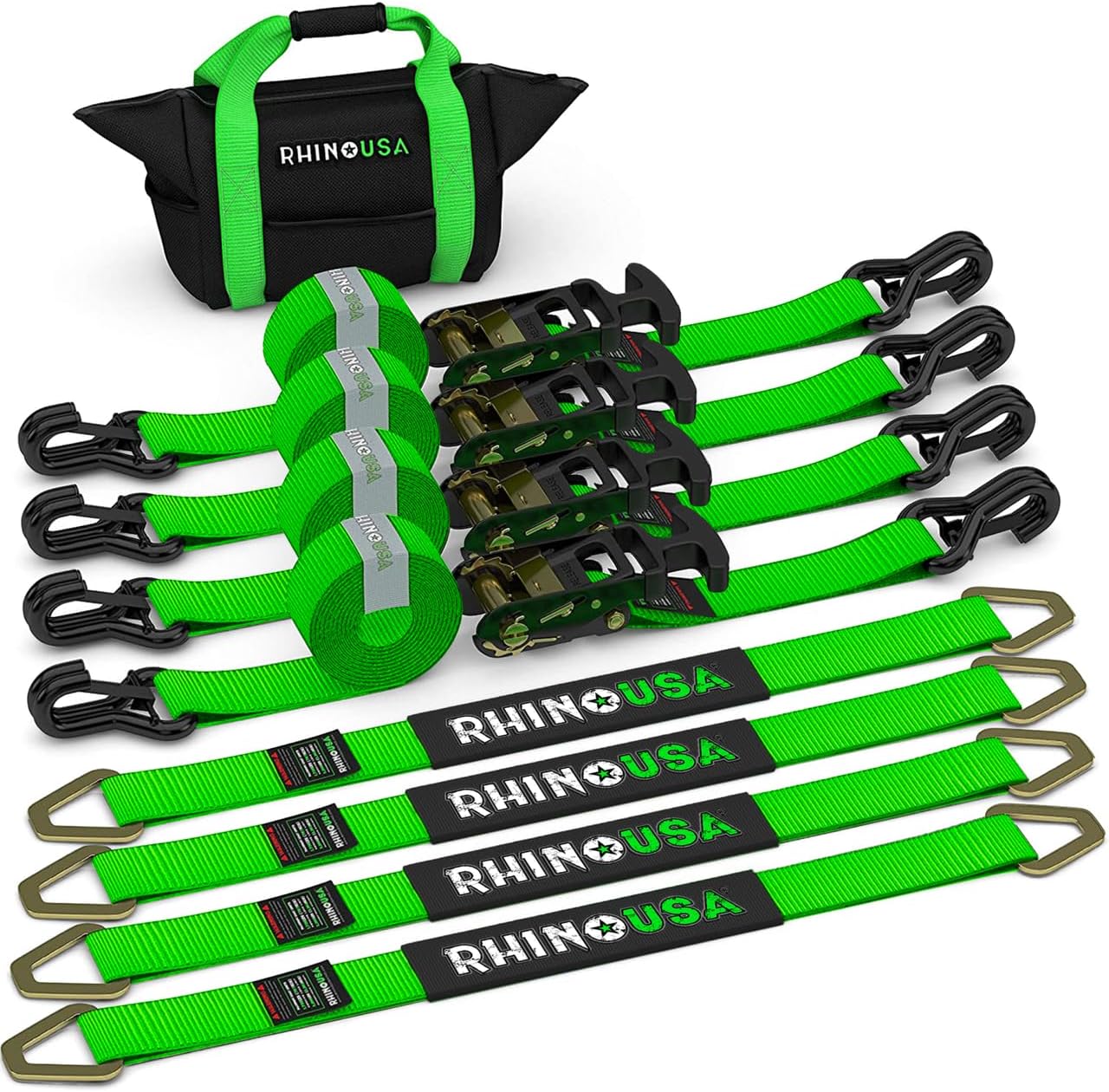 Car Tie Down Straps for Trailers with J Hooks (4-Pack) - 2 Inch x 8 Feet (10.000lb Break Strength) - Heavy Duty T-Handle Car Hauler Tire Straps for Trailer & UTV with Axle Straps - Black