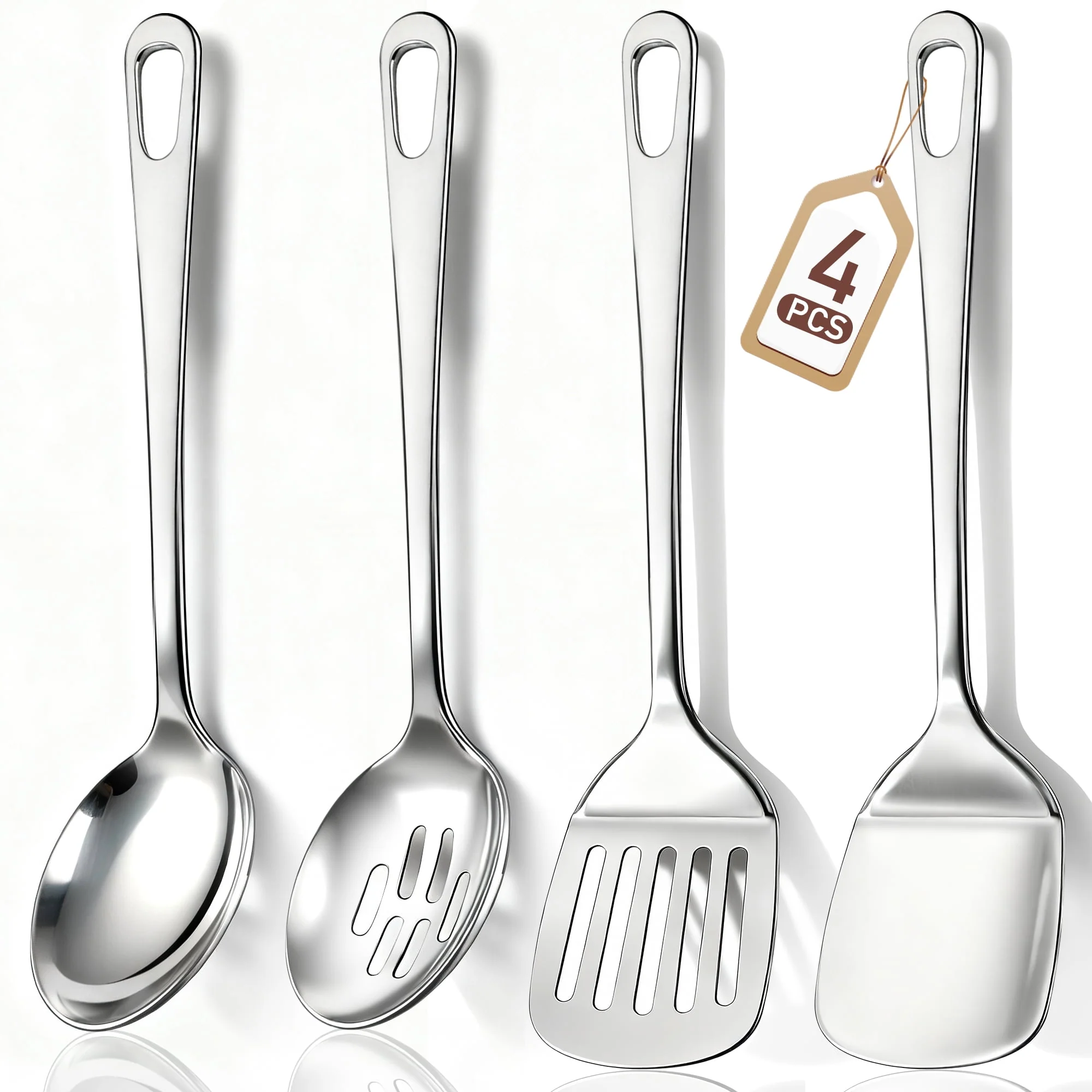 4 Pcs Cooking Utensils Set. Stainless Steel Kitchen Utensils. Kitchen Tools Set Include Solid & Slotted Turner Wok Spatula. Serving Spoon. Home Essentials Kitchen Gadgets Accessories