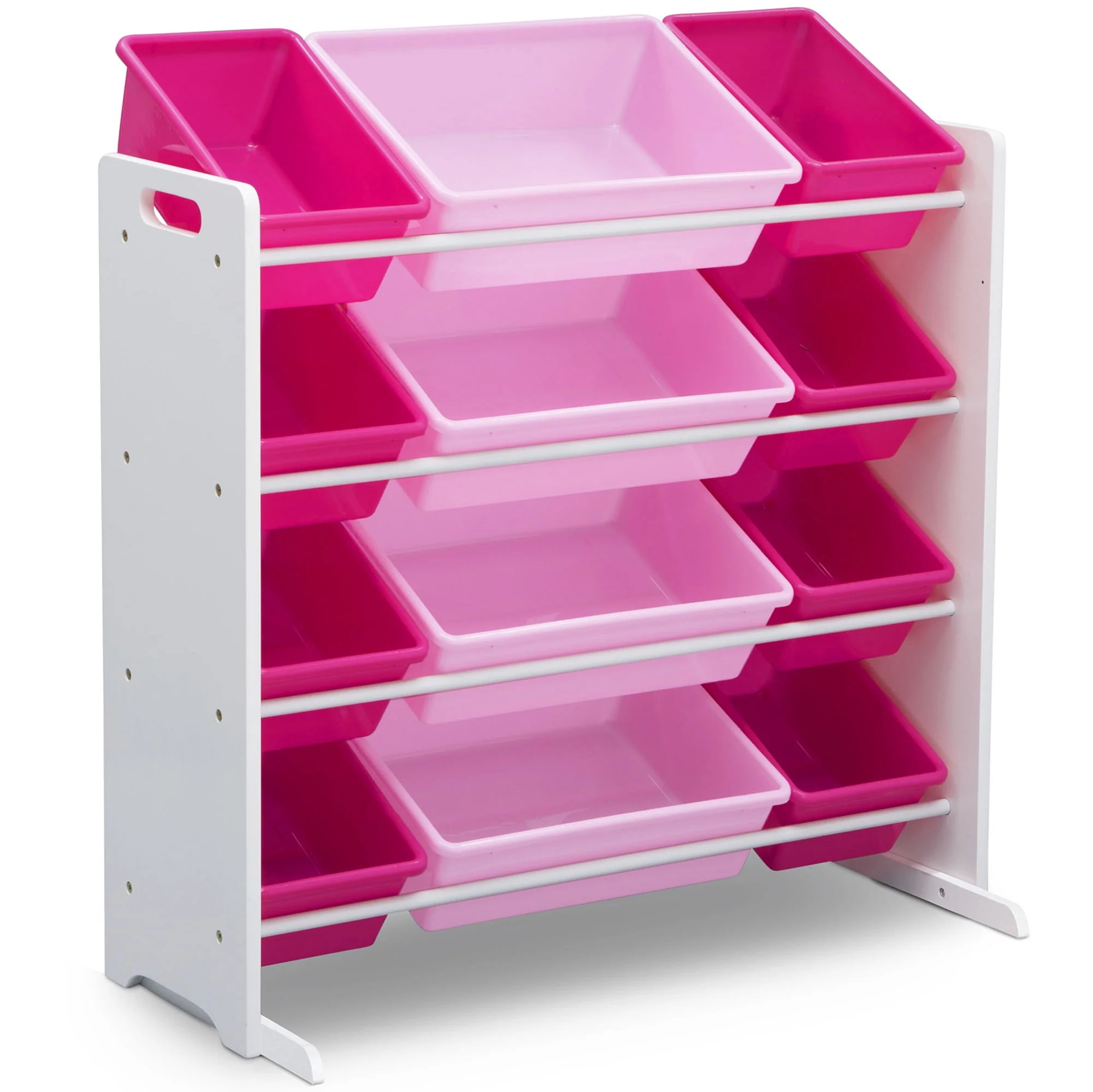 Kids Toy Storage Organizer with 12 Plastic Bins. Greenguard Gold Certified. White/Pink