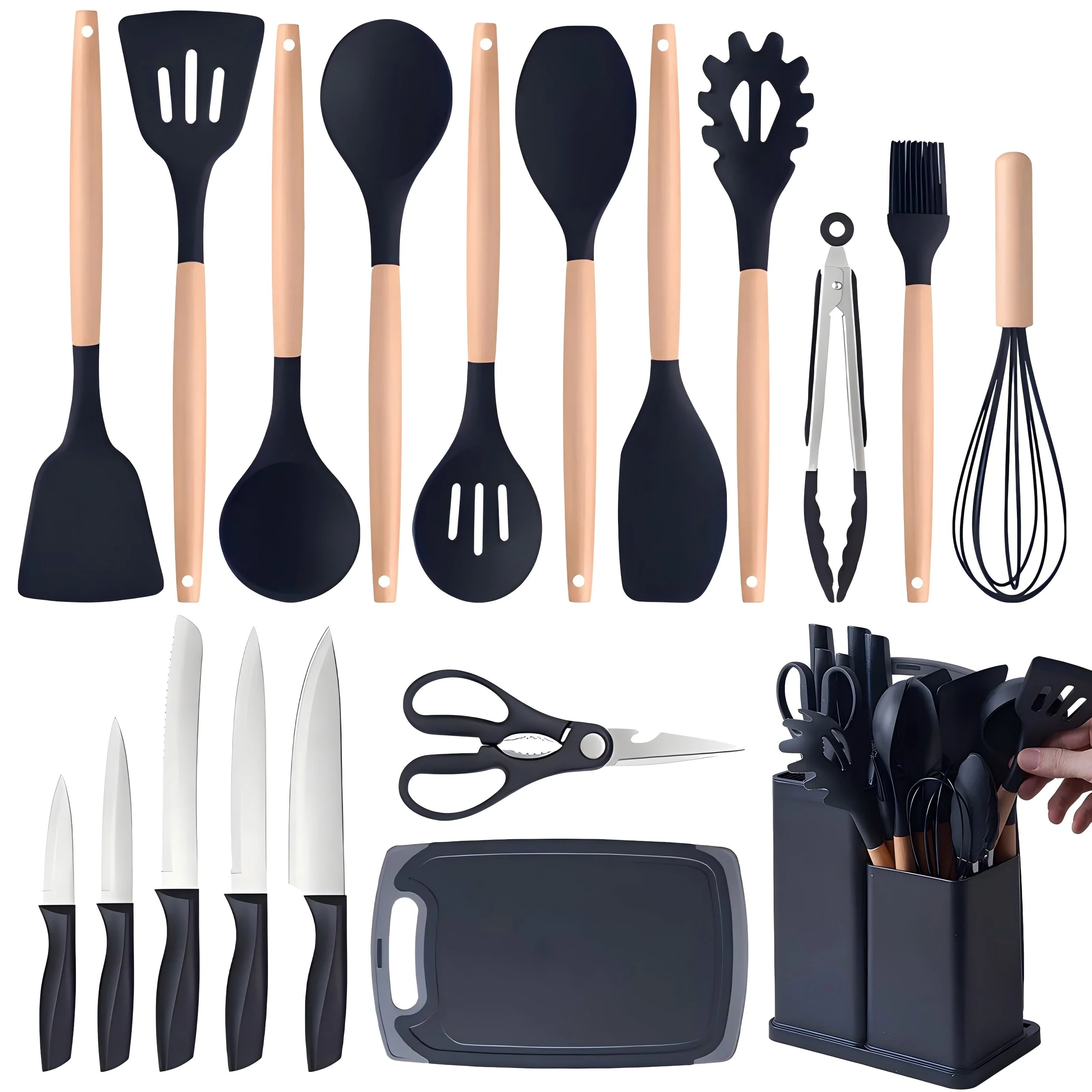 Kitchen Utensils Set- 19 Pcs Silicone Cooking Utensils Set for Nonstick Cookware-Silicone Spatulas Set. Kitchen Gadgets Tools. Pots and Pans Accessories-(Black 19 PCS Set)