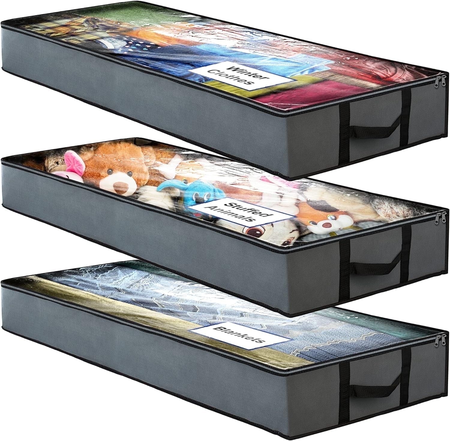Underbed Storage Bag 90L. 3 Large Bins with Reinforced Handles Containers. Visible Clothes Storage Bags for Blanket Pillow Quilts. Closet Organizers