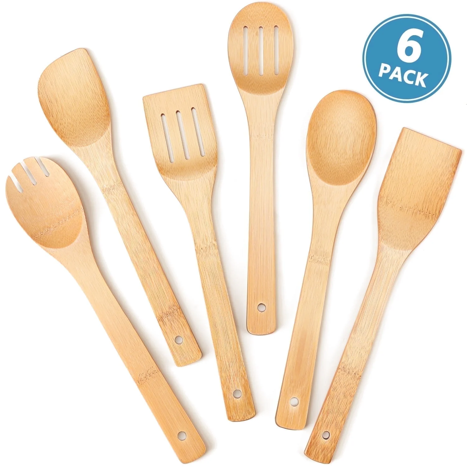 Wooden Spoons for Cooking. 6Pcs Banboo Spatula Spoon Tongs Utensils Set for Kitchen Cookware