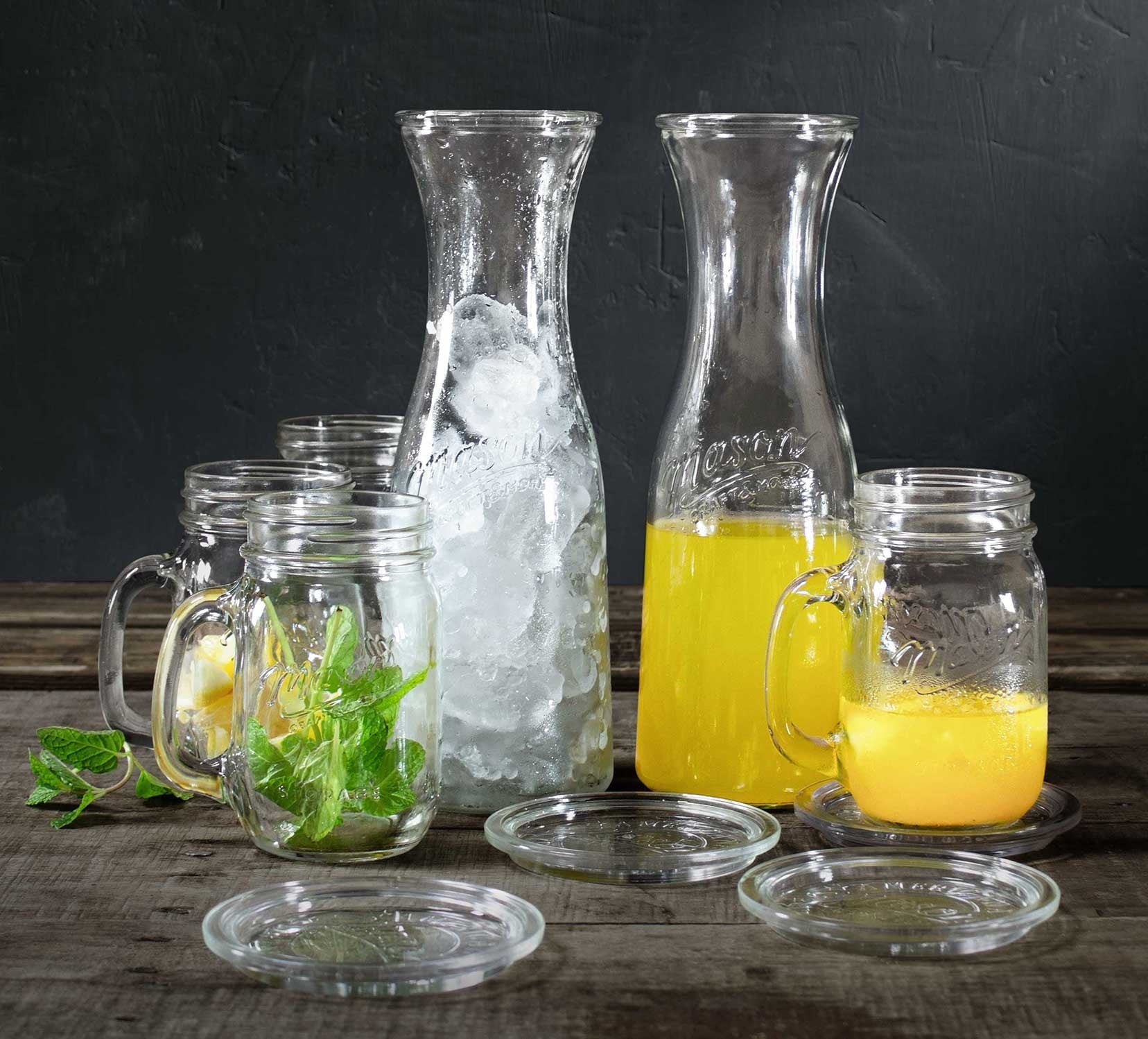 Mason Craft & More 10 Piece Glass Drinkware Set. Carafes. Drinking Jars. and Coasters