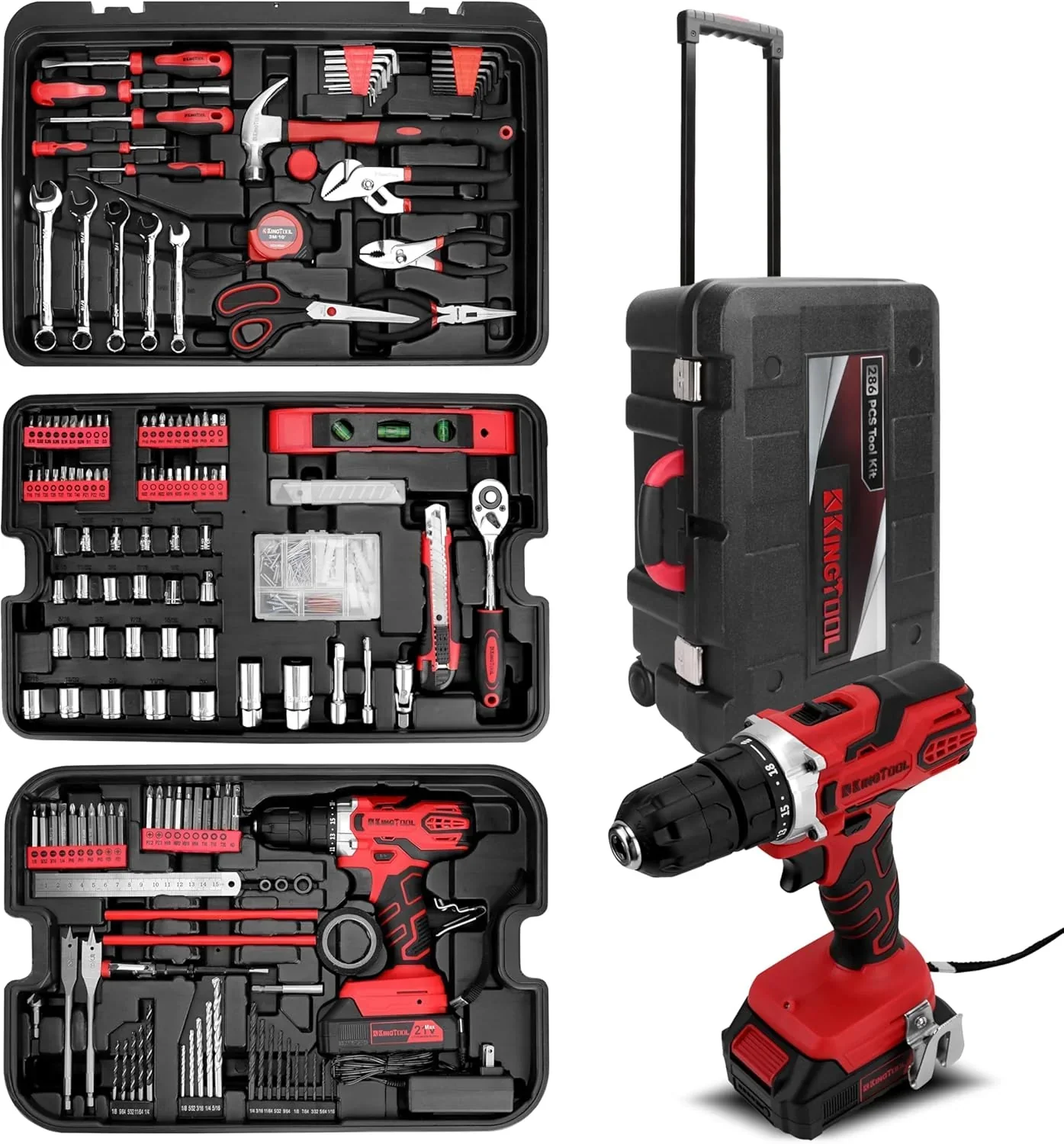 Home Tool Set Kit - 286 PCS Home Auto Repair Tool Kit with Rolling Tool Box. Mechanic Tool Sets with 21V Max Cordless Power drill. Perfect for Homeowner. Diyer. Handyman