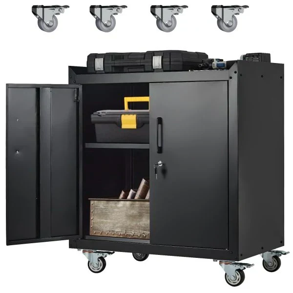 Garage Storage Cabinet with Wheels. 2 Door Tool Cabinet with Adjustable Shelves. Metal Lockable Tool Cabinet. Rolling Tool Chest for Home. 34 H x 30.3 L x 18 W. Assembly Required