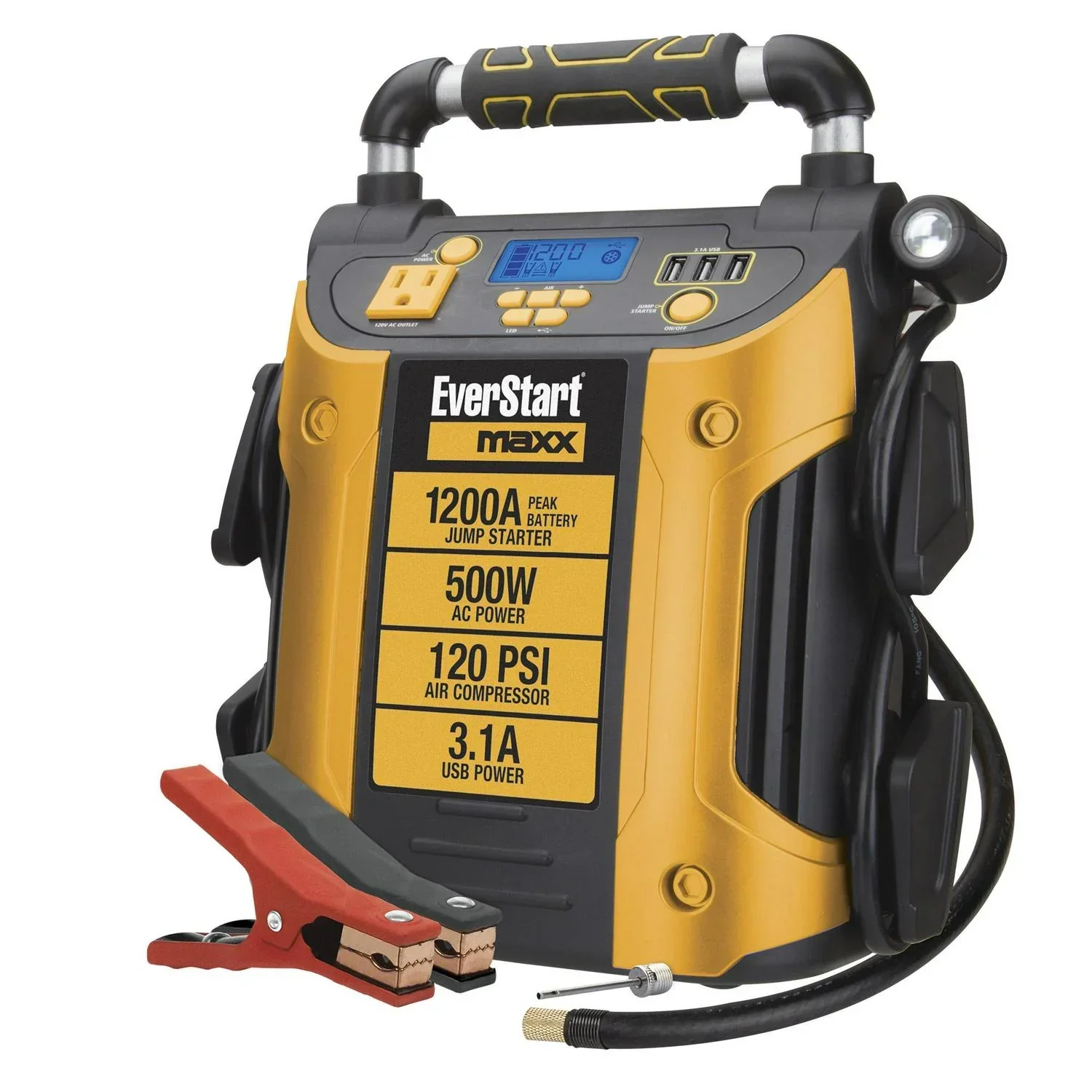 J5CPDE Jump Starter. Power Station. 1200 Peak Battery Amps with 500W Inverter and 120 PSI Compressor