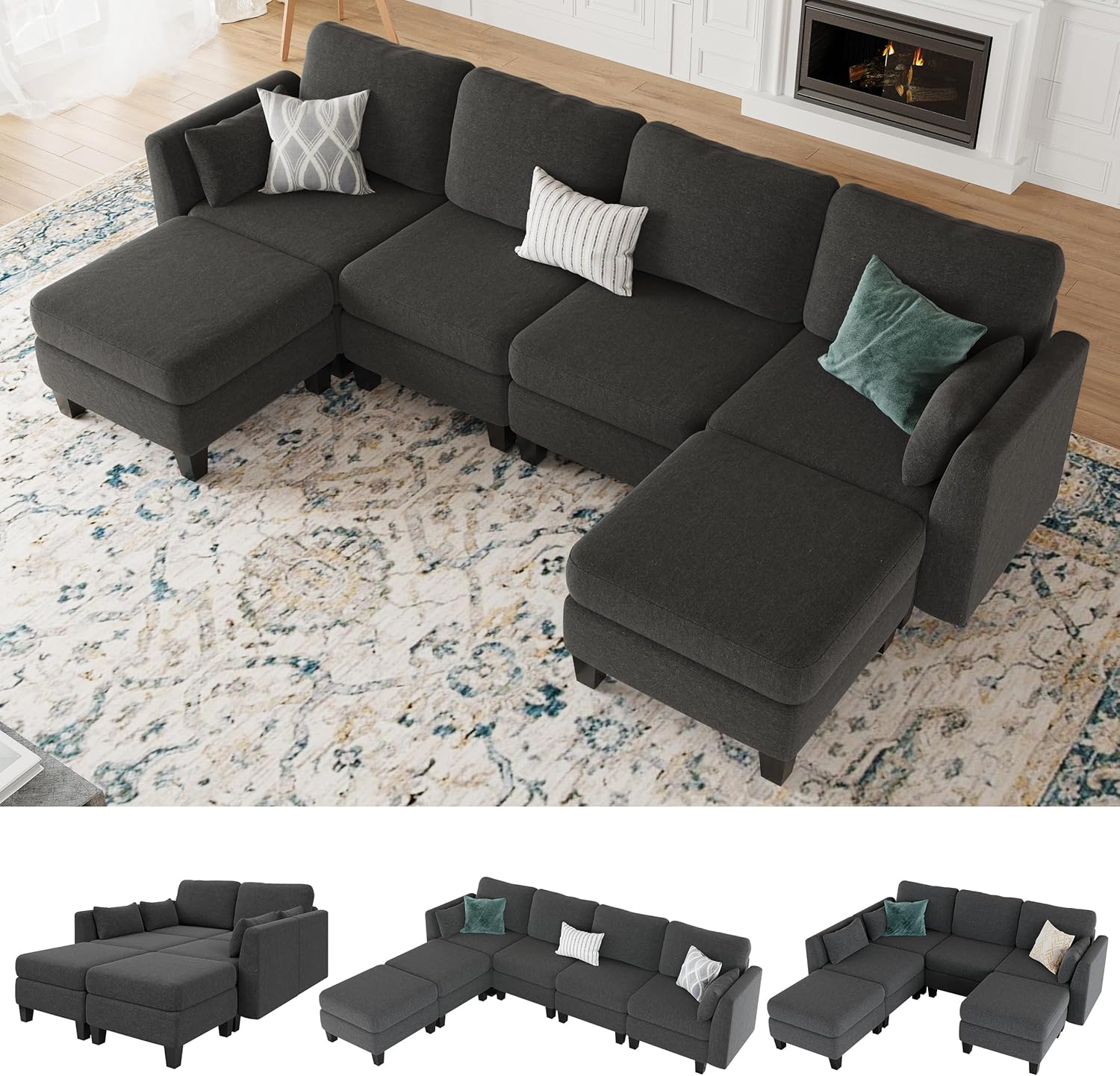 Modular Sectional Sofa. Convertible U Shaped Sofa Couch with High Density Memory Foam. 6 Seat Comfy Modular Sofa Couch for Living Room. Modern U Shaped Sectional Sofa. Dimgrey