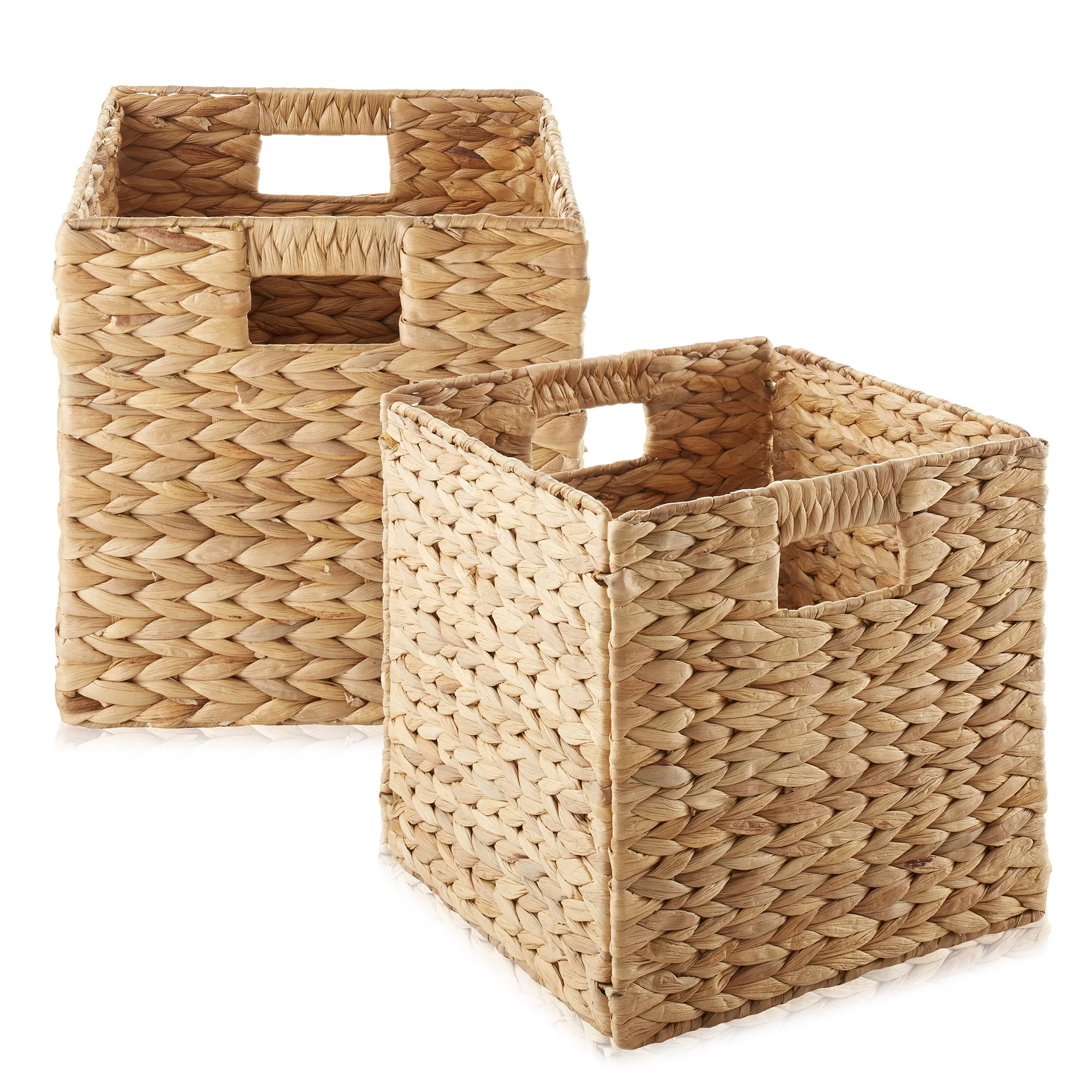 10.5 x 10.5 Water Hyacinth Storage Baskets. Natural - Set of 2 Collapsible Cube Organizers. Woven Bins for Bathroom. Bedroom. Laundry. Pantry. Shelves