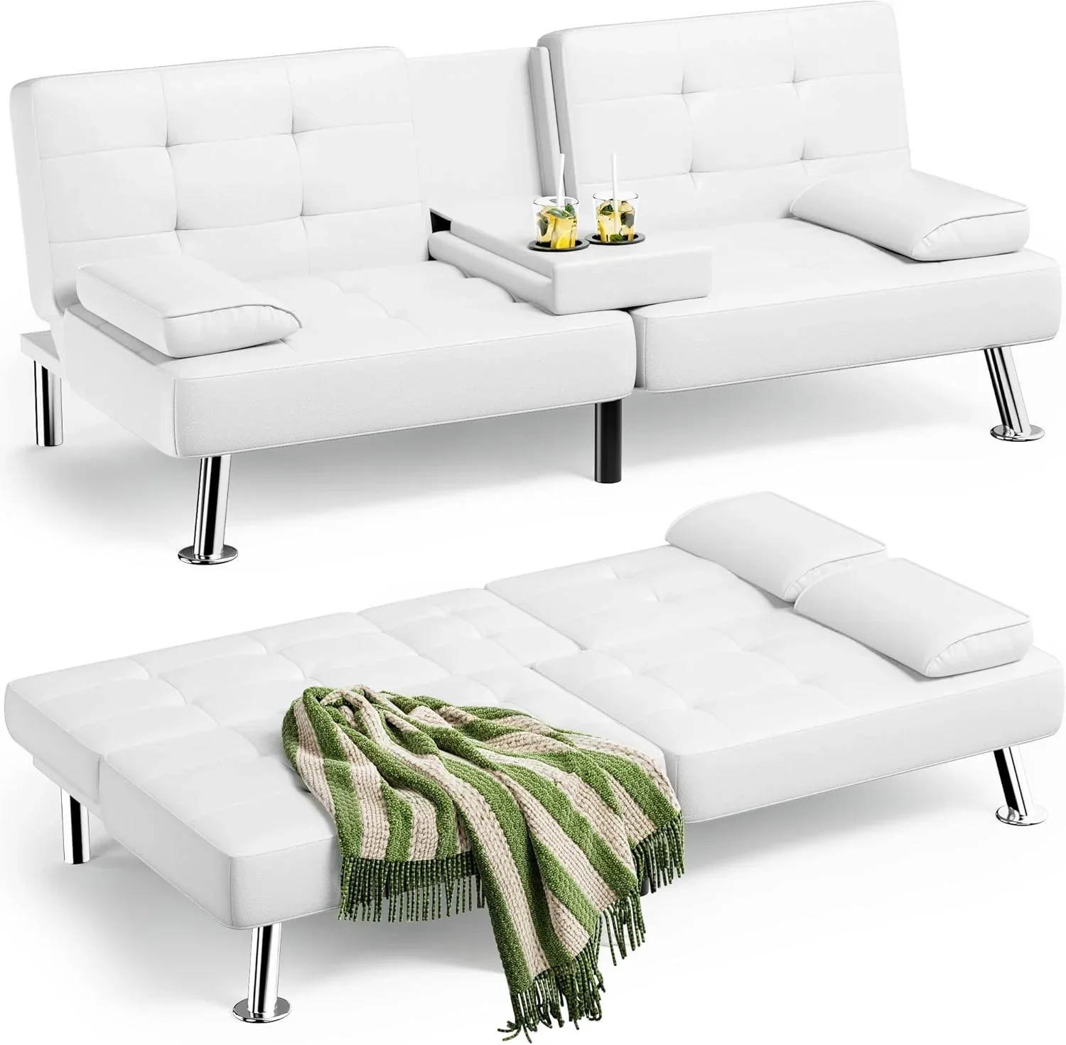 Futon Sofa Bed. Leather Futon Couch with Removable Armrests. Adjustable Recliner Sleeper Sofa Bed with Dual Cup Holders for Living Room. Apartment. Office (Black)