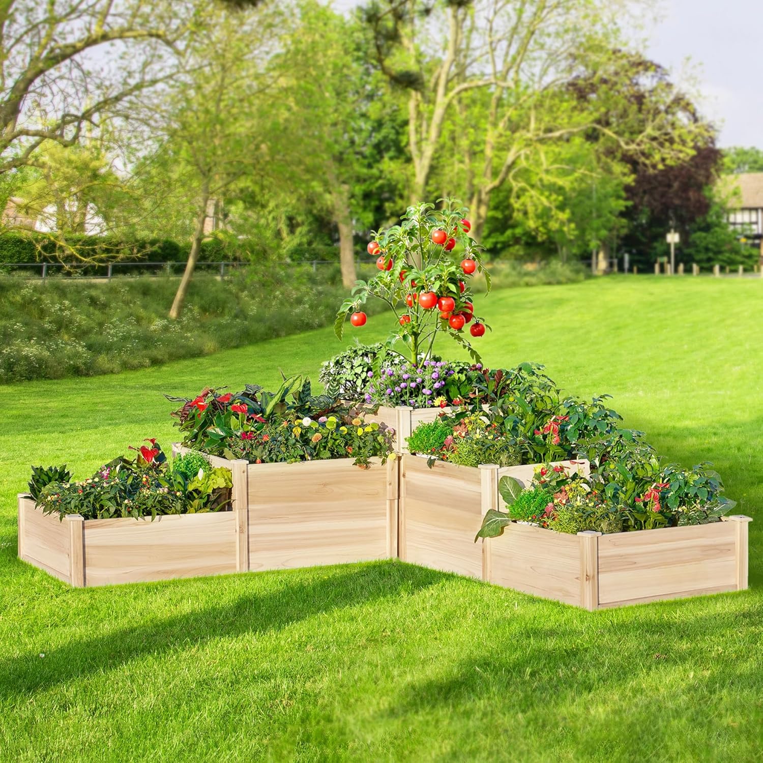 Garden Bed Outdoor Gardening. 28 Inch Depth 3-Tier Wood Planter Box with Cedar Leg. Baseboard. Leakage Hole.Easy Assembled. Ideal for Vegetables. Herbs. Flowers