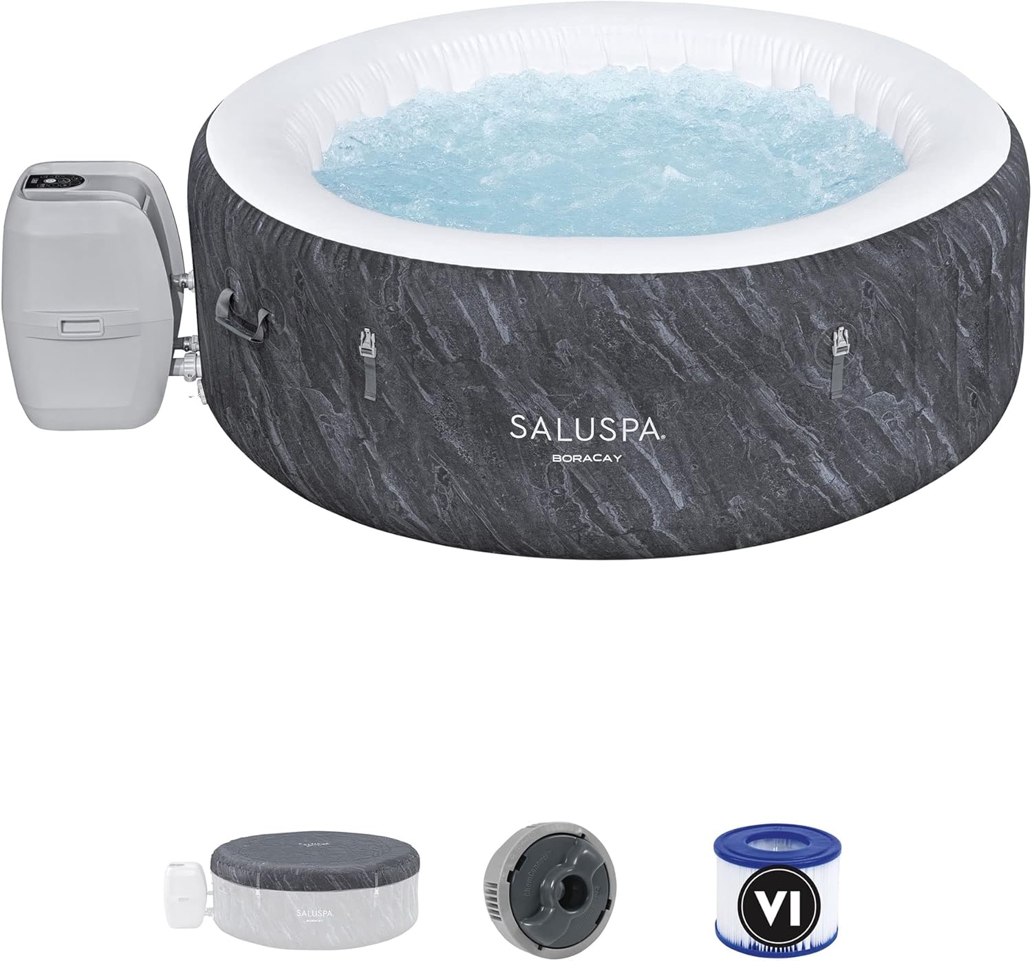 SaluSpa Fiji AirJet Large Round 2 to 4 Person Inflatable Hot Tub Portable Outdoor Spa with 120 AirJets and EnergySense Cover. Grey