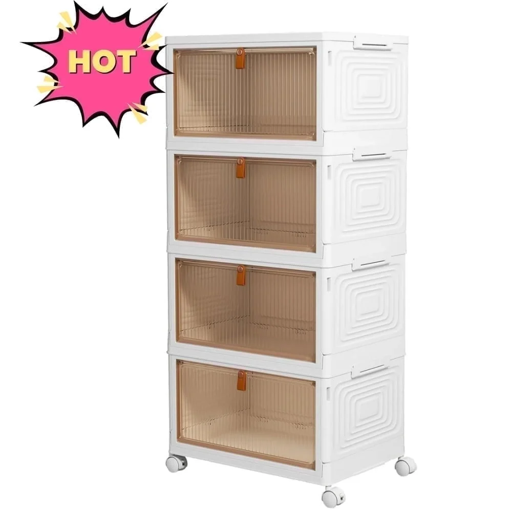 Rolling Wheeled Plastic Storage Bins with Lid. 4-Tier Folding Storage Containers. 92 Qt Capacity