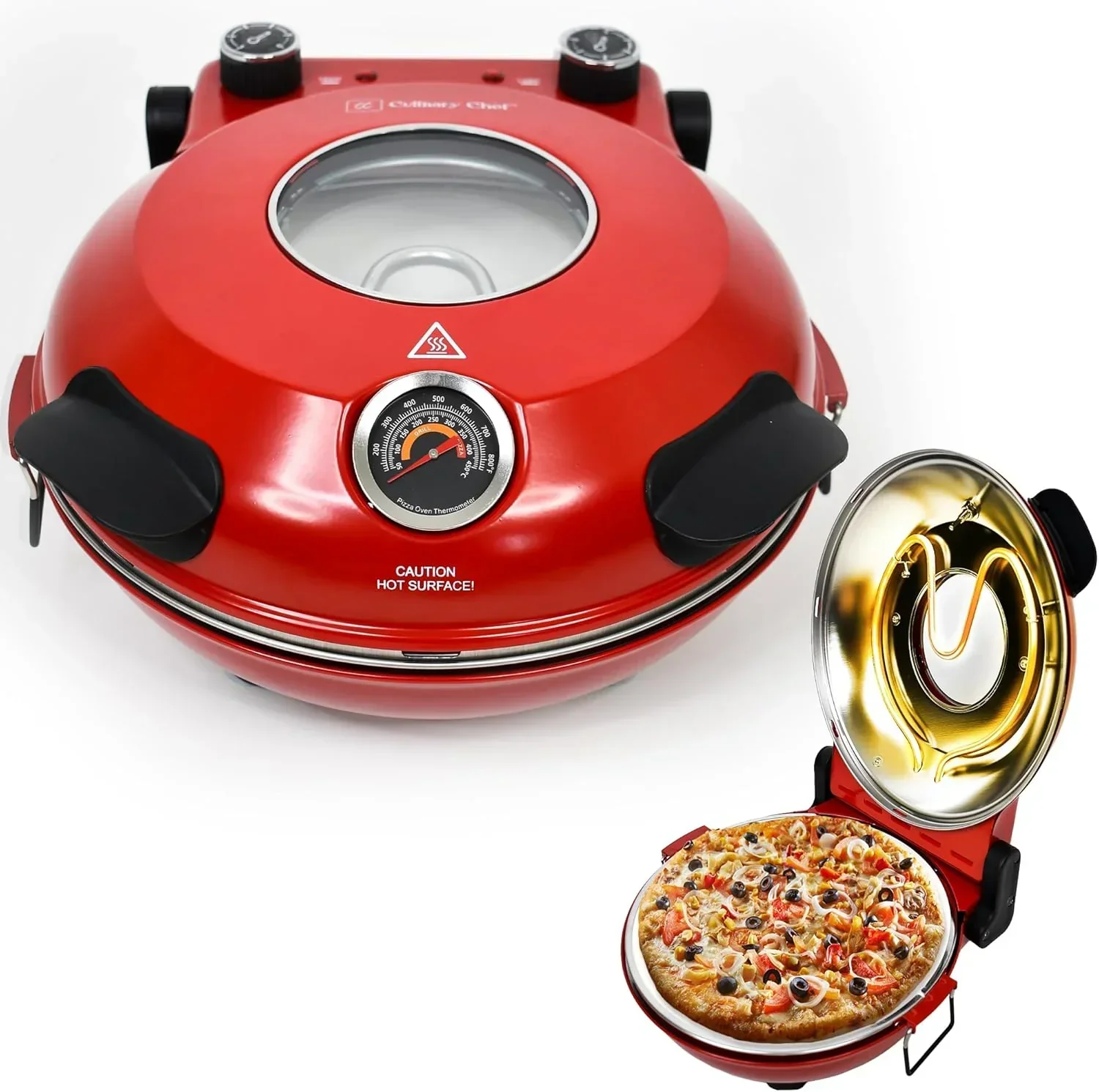 Electric Pizza Oven with Ceramic Stone. Viewing Window. Adjustable Heat Control. Timer and 1200W Baking Power. DIY Homemade Pizzeria. Large 12-- Pie Capacity (Black)