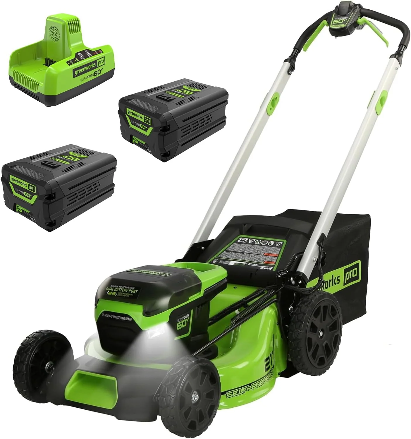 60V 21-inch self-propelled cordless lawn mower. brushless motor. LED lights. including 2 sets of 4.0 Ah batteries and a fast dual-port charger (compatible with 75 tools. running time 45 minutes)