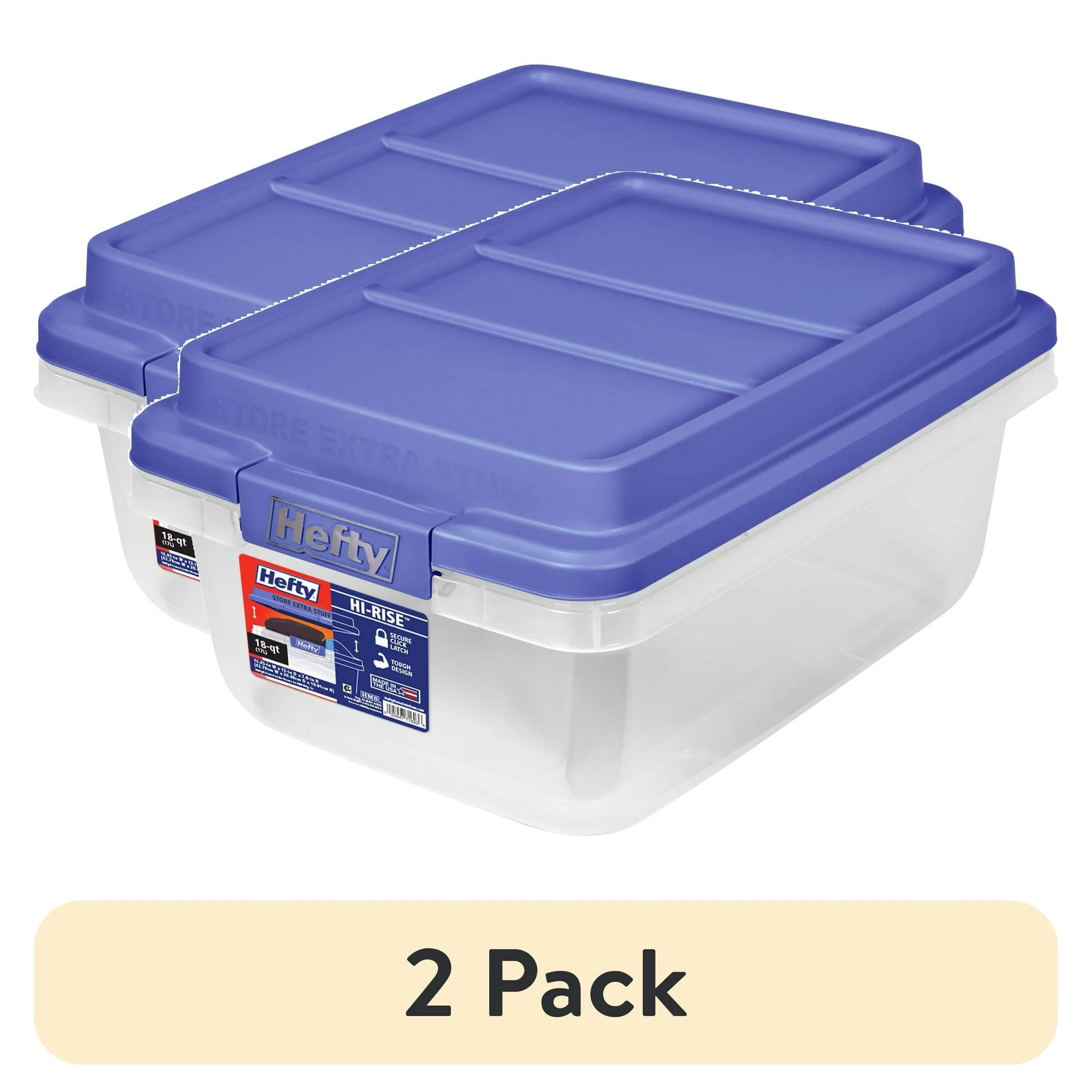 (2 pack) Hefty 18 Quart Clear Plastic Latched Storage Bin with Blue HI-RISE Lid. Adult