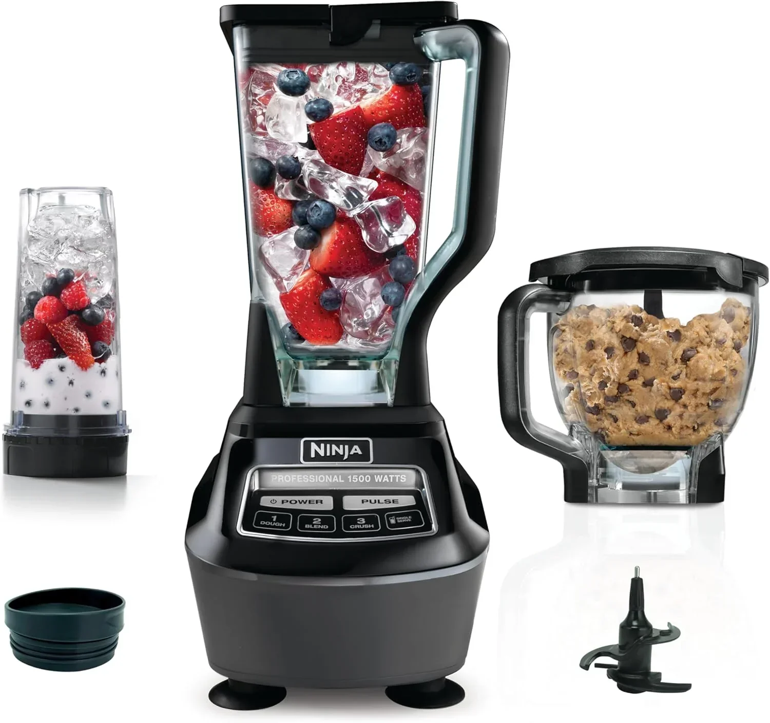 Blender. Mega Kitchen System. 1500W. 4 Functions for Smoothies. Processing. Dough. Drinks & More. with 72 Blender Pitcher. 64 Processor Bowl. 2 Nutri Cups Lids. Black. BL770