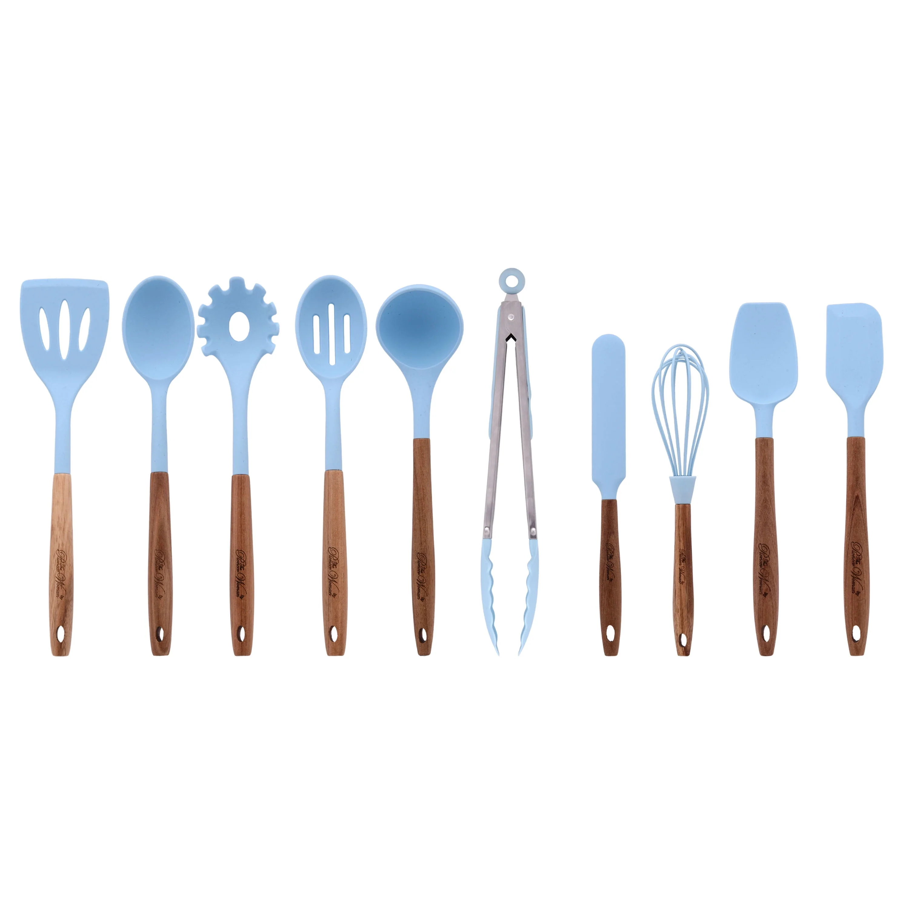 10-Piece Silicone and Acacia Wood Handle Cooking Utensils Set. Blue