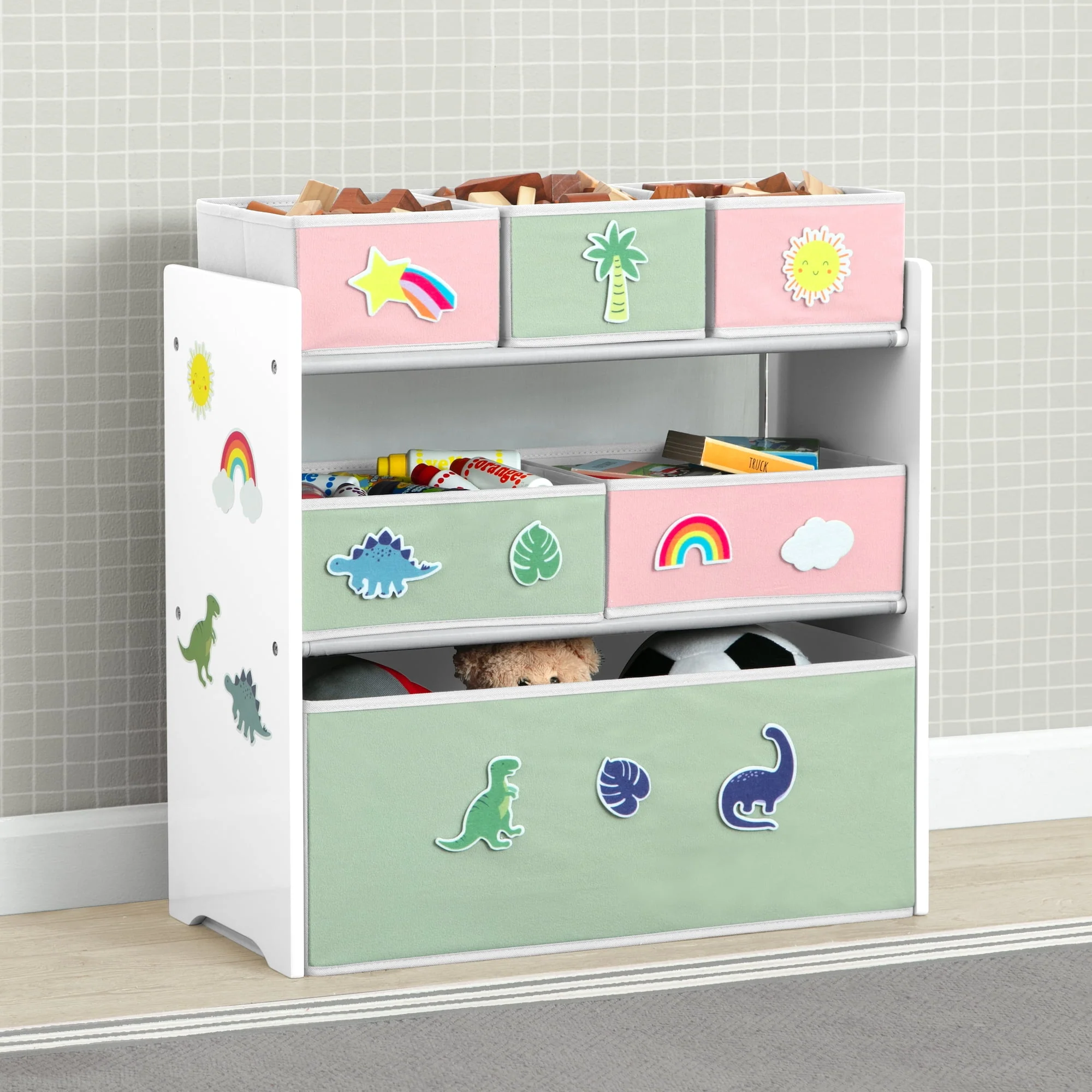 Design & Store 6 Bin Toy Storage Organizer with Interchangeable Patches. Green/Pink