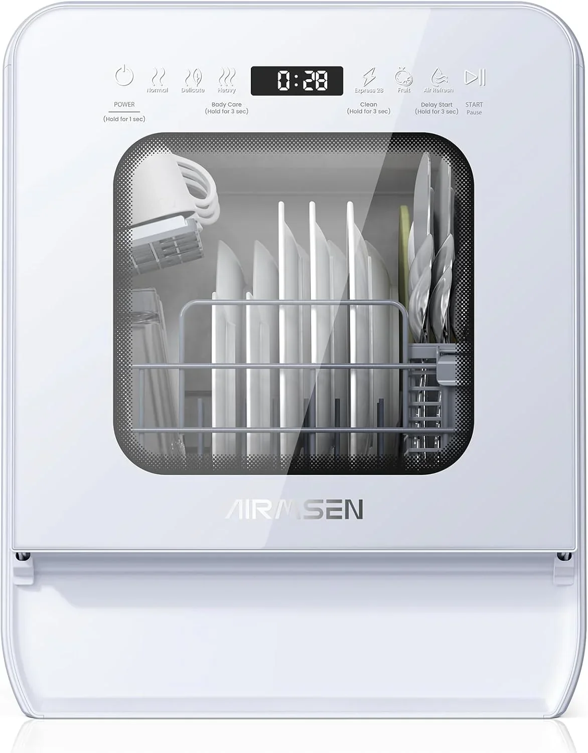 Desktop dishwasher set. double-layer shelf design. portable dishwasher. built-in 5-liter water tank. 3 spray arms. 12-hour delay start. no need to connect power supply. white model