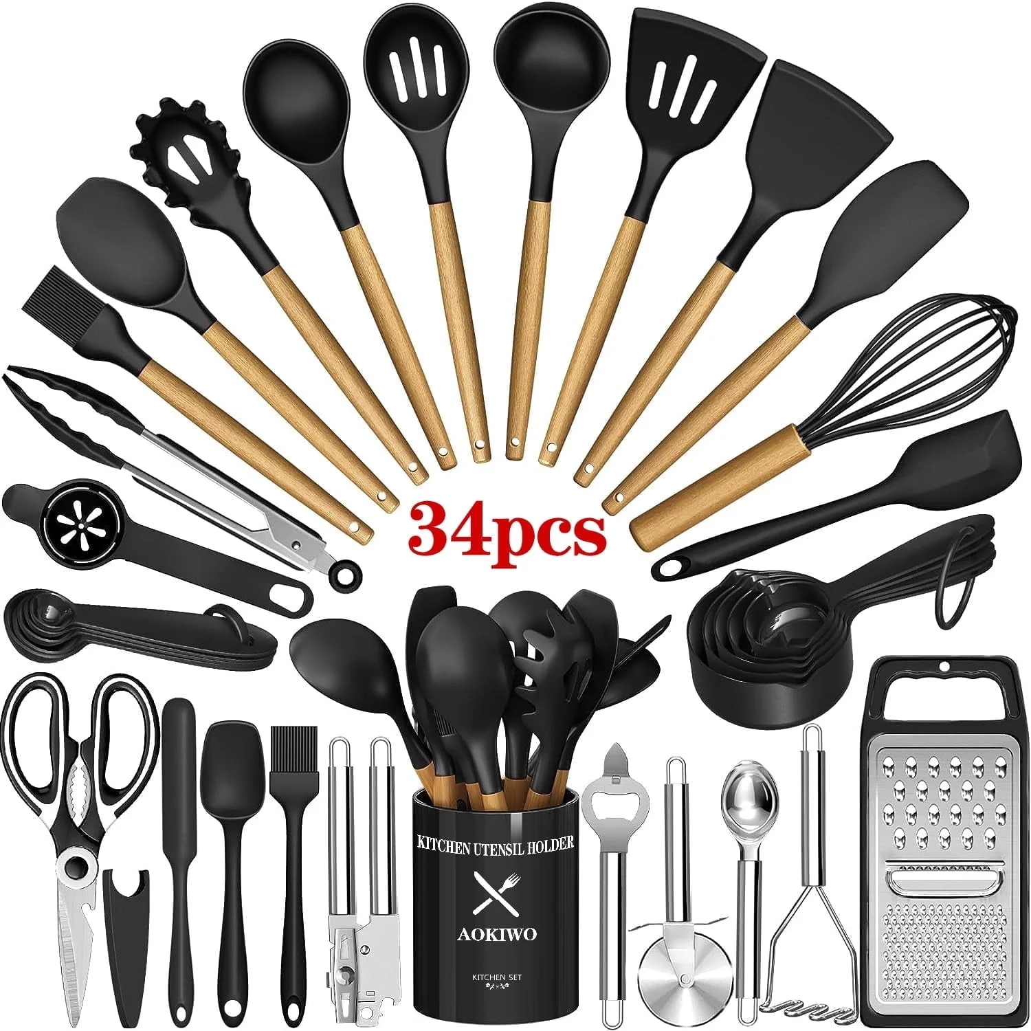 Kitchen Utensil Set. 34Pieces Silicone Cooking Utensil Set with Wooden Handle. Spatula Set Gadgets Tools Cookware. Black