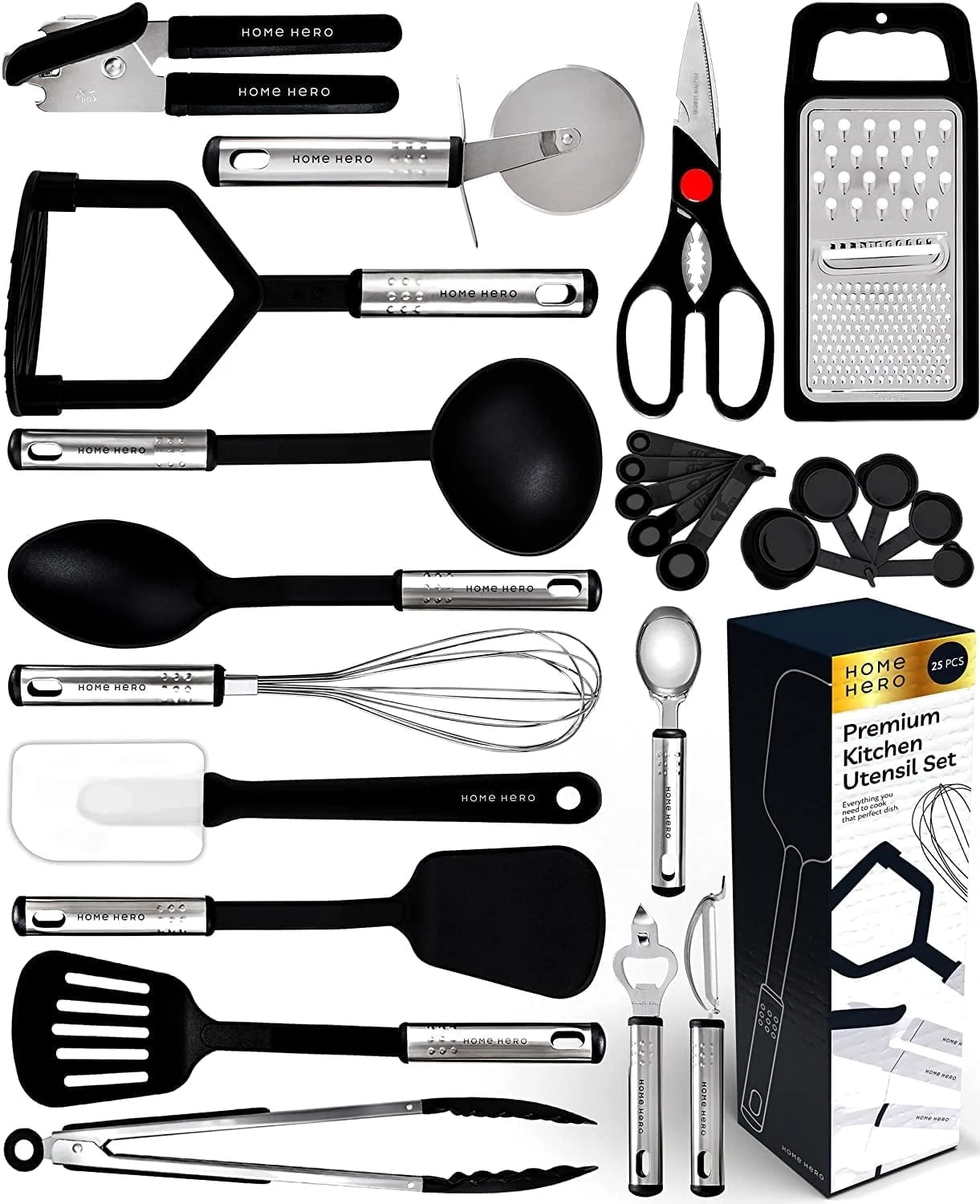 25 Pcs Silicone Spatula Kitchen Utensils Set - Stainless Steel and Nylon. Black