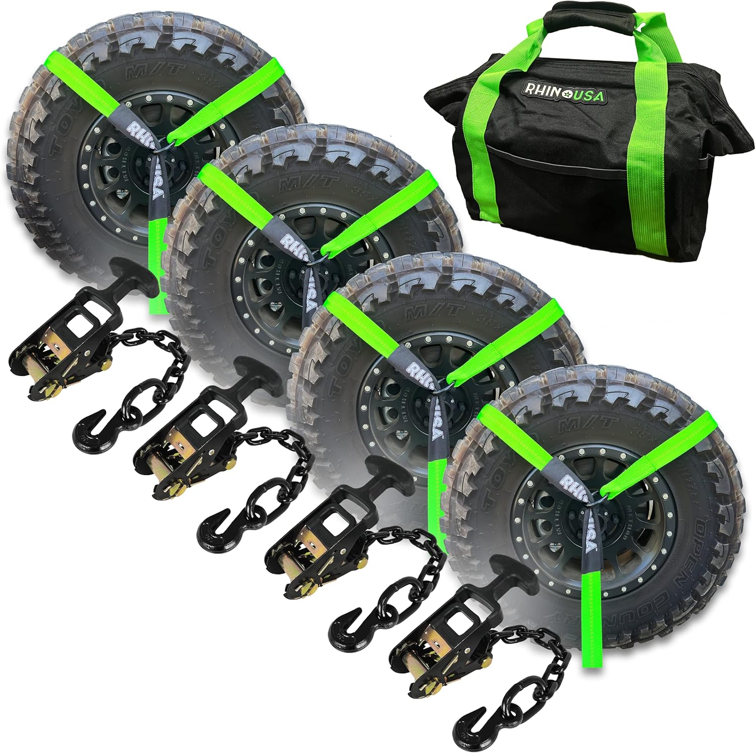 Car Tie Down Straps for Trailers with Flat Hooks (4-Pack) - 2 Inch x 8 Feet (10.000lb Break Strength) - Heavy Duty T-Handle Car Lasso Tire Straps for Trailer & UTV - Black